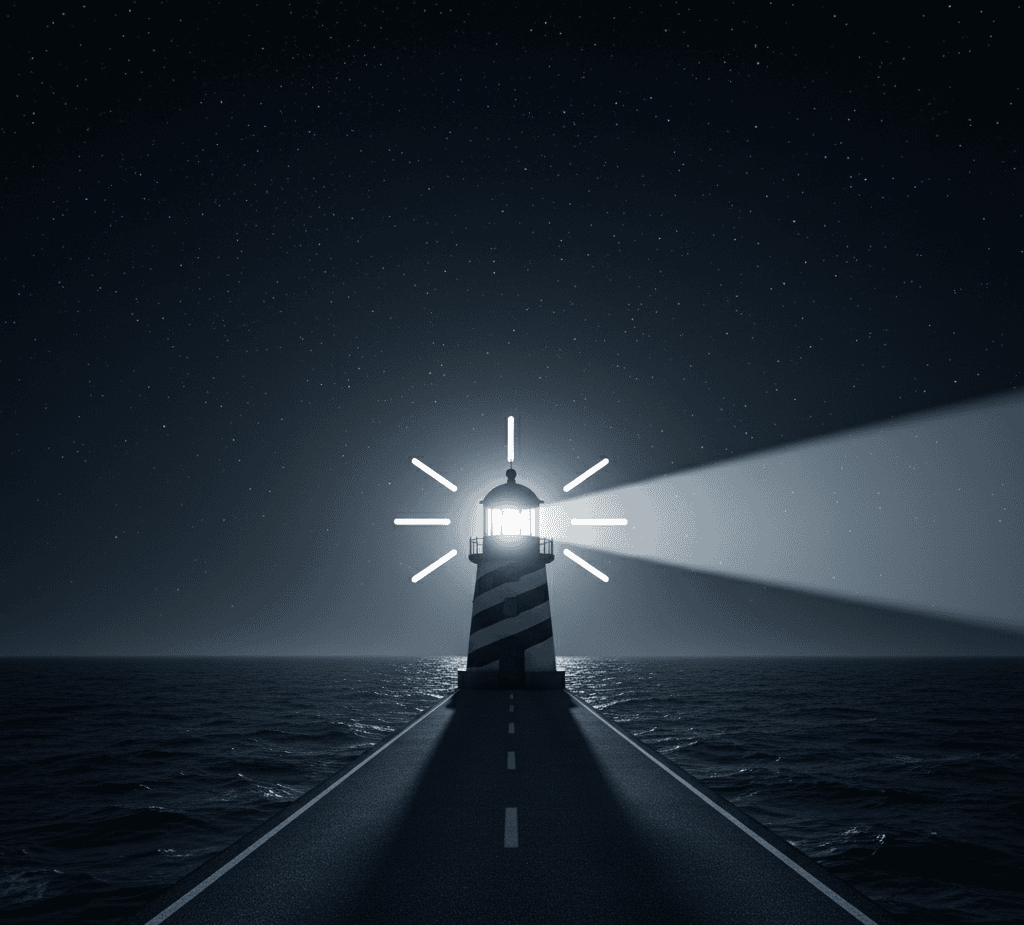 A lighthouse shining light over a roadway, showing the way for Verrdis clients.