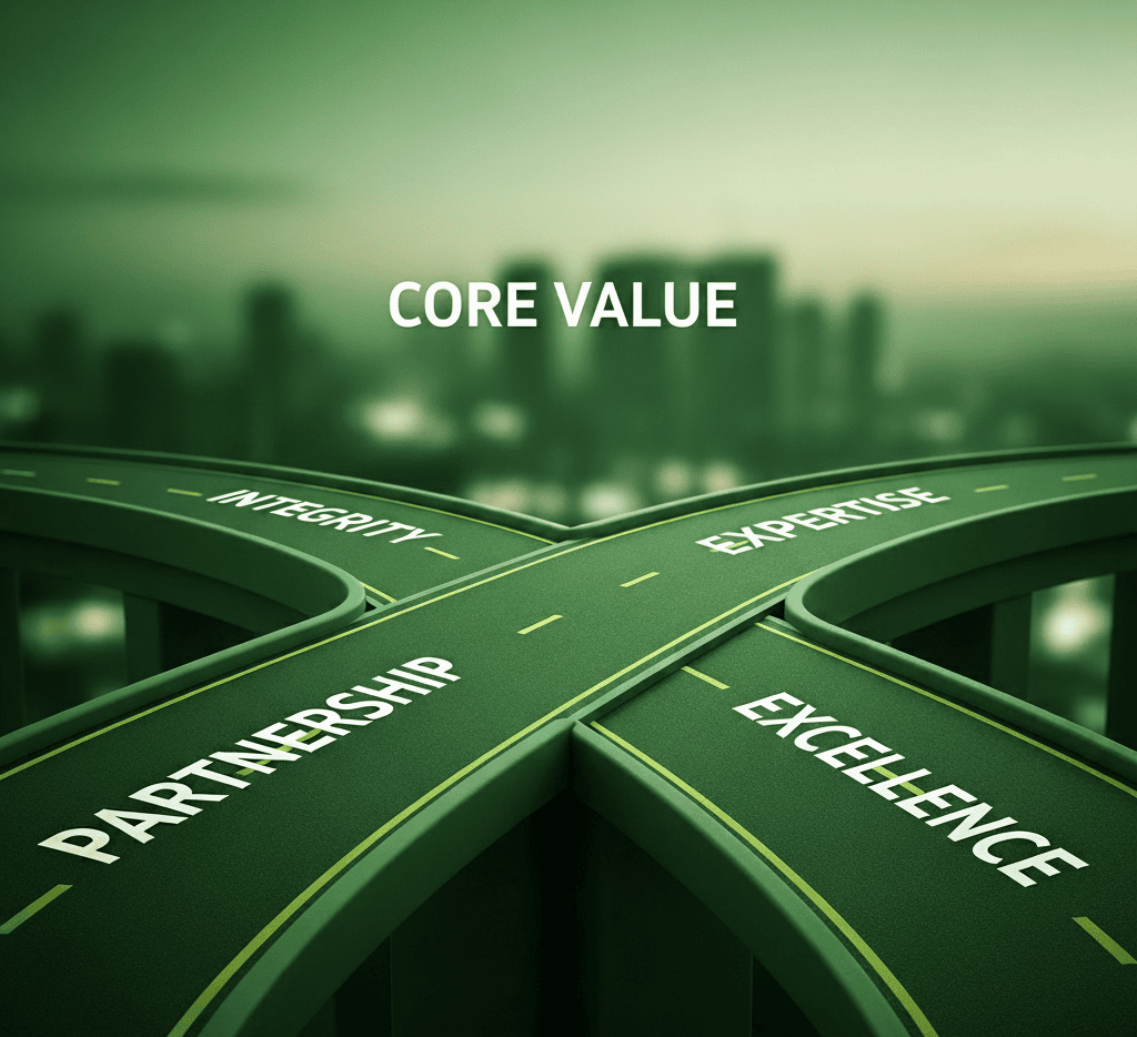 A roadway showing a pathway to the core values of Verrdi, Excellence, Expertise , Partnership & Integrity.