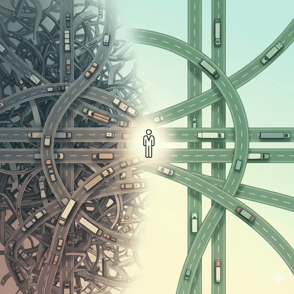 A roadmap split into two, one showing a congested and complicated system, the other half is showing a way forward to a less complicated layout, intimating if you use Verrdi we can lead you to a simpler route.